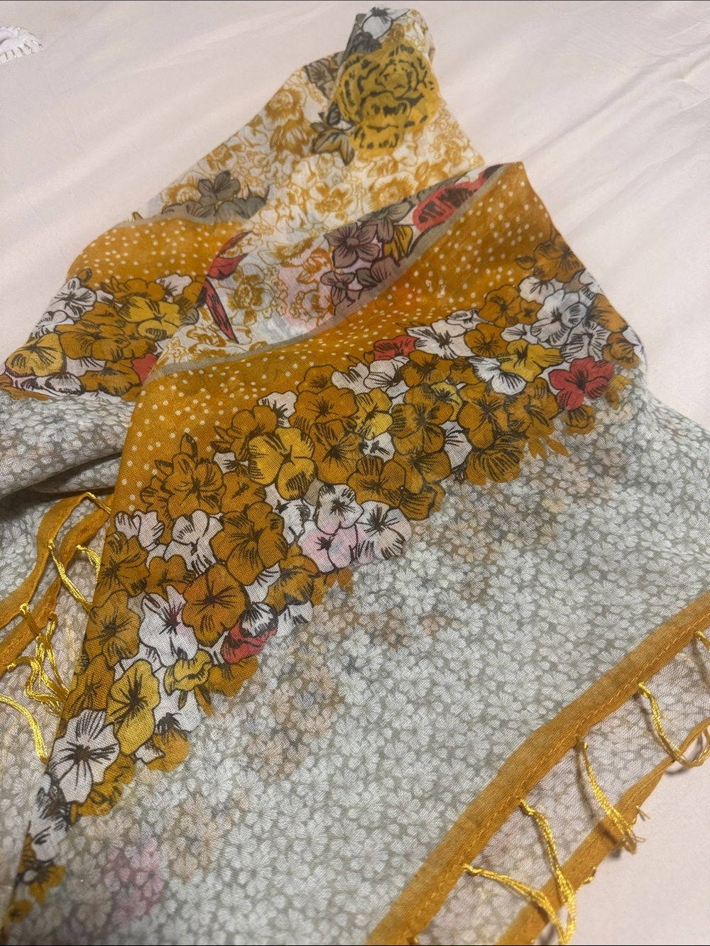 H&M Gold fringed scarf. Beautiful Gold Flowered Pattern - Picture 3 of 6